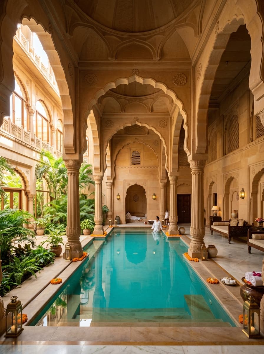 Kynta sanctuary interior with heritage architecture and turquoise plunge pool
