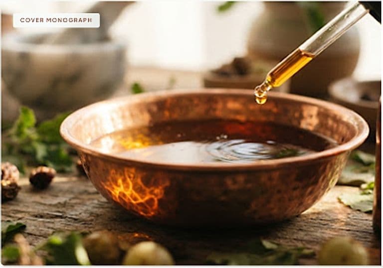 Ayurvedic botanical oil extraction with golden elixir dropper into hammered bronze bowl