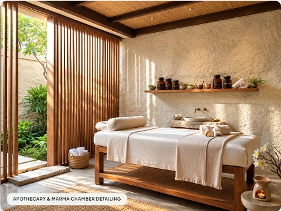 Apothecary and marma therapy treatment chamber with teakwood louvers and natural stone textures