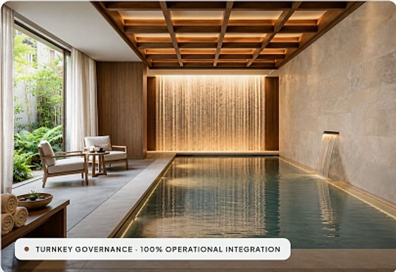 Luxury hotel wellness indoor pool sanctuary with water wall and lounge seating