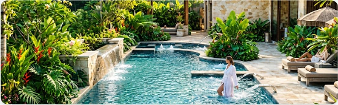 Luxury resort sanctuary outdoor hydro pool with waterfall and loungers