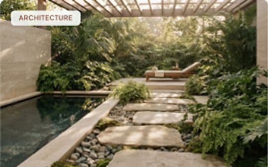 Serene stepped courtyard pool garden with stone walkway and pergola