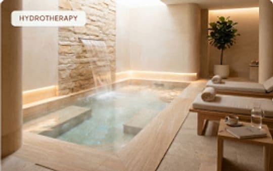 Calm stone thermal hydro plunge pool with waterfall and loungers