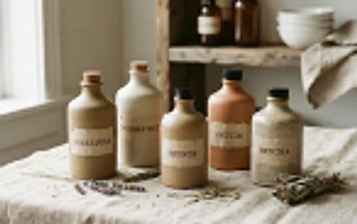 Ceramic apothecary elixir vessels and dried botanical herbs on linen