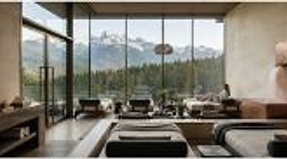 Minimalist luxury alpine wellness pavilion overlooking snowy peaks