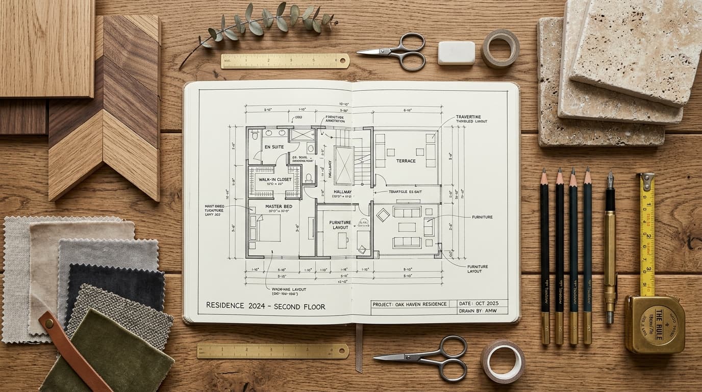 Architectural blueprint, material swatches and interior design layout