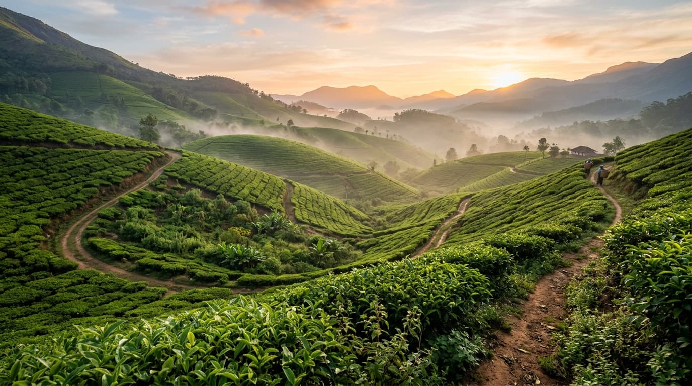 Misty tea and herbal plantation terraces in Wayanad Kerala
